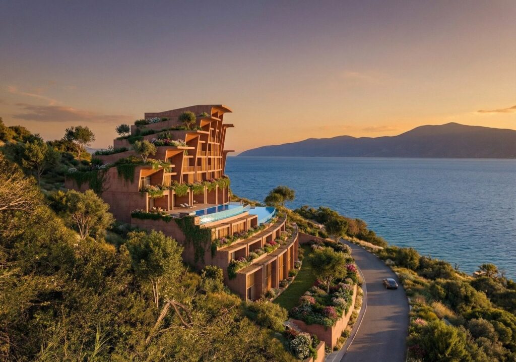 Pamje nga deti në perëndim të diellit, Belvedere, Radhimë, Vlorë