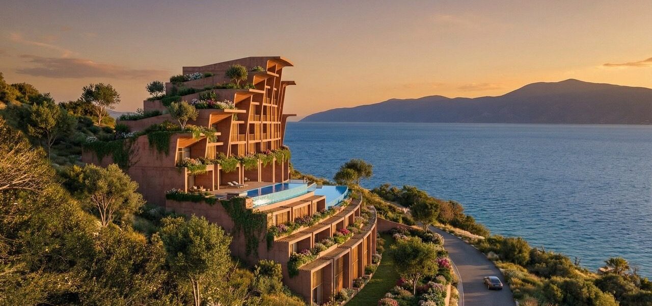 Pamje nga deti në perëndim të diellit, Belvedere, Radhimë, Vlorë